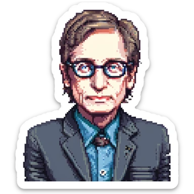 pixel art portrait of Stephen Hawking focusing on his face, glasses, and iconic hairstyle, simplified pixel art details sticker