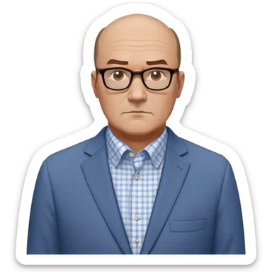 Larger 50-year-old man with extremely wide square face and big square jawline. Balding with hair on top but very little on sides. Large dark square-framed glasses. Serious expression. Wearing a light gray blazer that accommodates his bigger build, white button-up shirt with blue checkered pattern. sticker