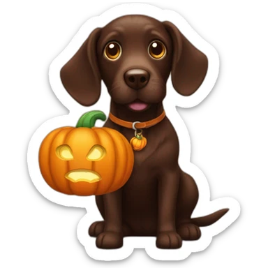 A chocolate doodle dog with a jack on lantern on its head sticker