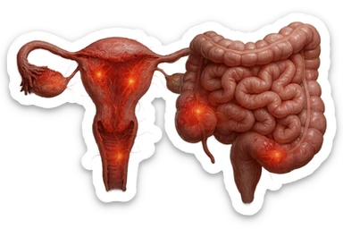 utero umano anatomico iperrealistico e intestino umano anatomico iperrealistico hanno in comune il dolore e l'infiammazione, rendi bene il collegamento tra i due organi doloranti, falla iperrealistica, non disegnata sticker