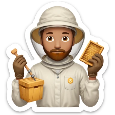 male bee keeper with brown hair and beard, white outfit,  sticker