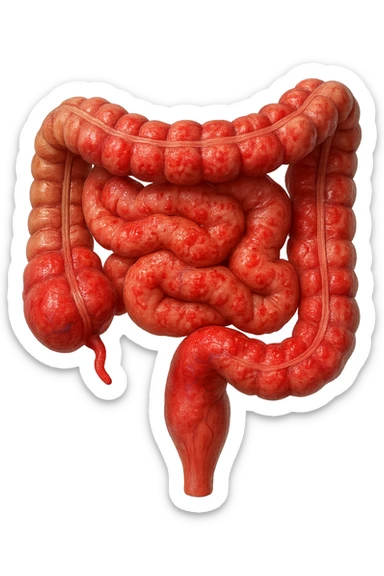 intestino umano anatomico infiammato, iperrealistico 4k, isolato su sfondo bianco sticker