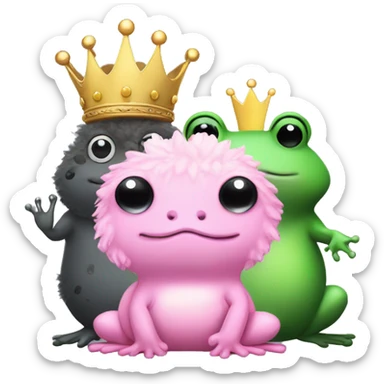 Fluffy pink frog stuffed animal with crown sits next to green fluffy twin. Behind them sits a fluffy dark gray seal with black spots.  sticker