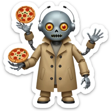 a glitch abomination with hands for a head, a baskeball stomach, pizza eyes, eyepatch, and zombie wounds, wearing trench coat, and robot crowd sticker