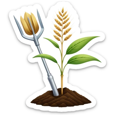 An icon featuring a wheat stalk, a spade, and a soil sample, symbolizing agronomy. The design includes a plant growing, and scientific tools, representing the study of crops, soil, and agricultural practices. Transparent background highlights sustainable farming and agricultural science. sticker