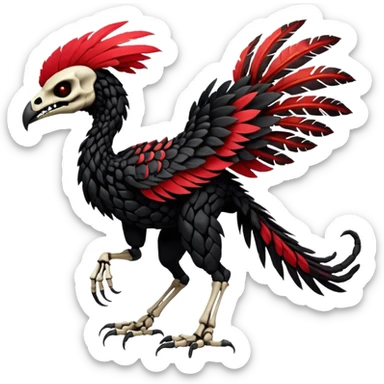 Rare realistic dark edgy tropical tribal patterned red-feathered skeletal badass epic handsome gorgeous aesthetic colorful vibrant black-skulled Vernid-Trico-species-Fakemon-creature by LiLaiRa, 4 legs, 1 tail, random markings, (full body) sticker