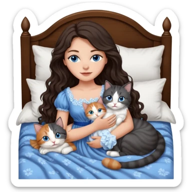 detailed realistic looking a dark grey and white cat regally laying with six other cats, cuddling with their owner in bed who is a pretty bratz lightly tanned white girl with long dark brown hair, blue eyes and gorgeous long wavy hair wearing a pretty detailed dress sticker