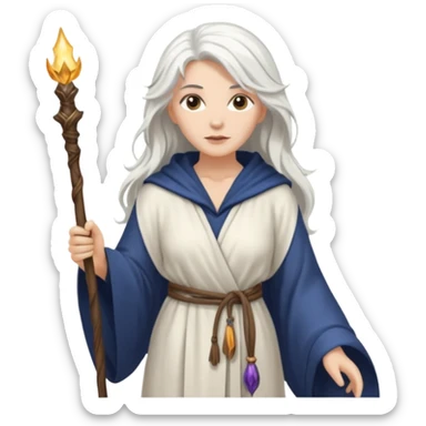 White Long Haired Women, Sorceress with staff — flowing white hair, calm face. sticker