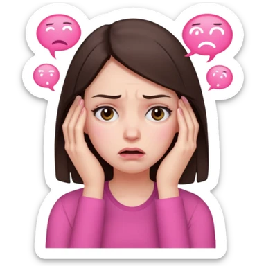 a female brunette with stress and headache wearing pink sticker