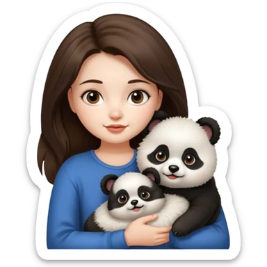 Girl with brunette hair is holding her dog thats a pomeranian and looks like a panda. sticker