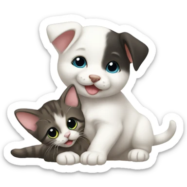 kitten having a baby on its back being held by a puppy with a mouse on the floor sticker