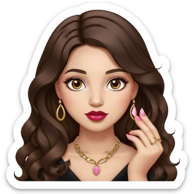 Light skinned girl, long wavy dark natural brown hair center-part with face framing pieces, big hazel eyes, small gold necklace, prominent blush, big lips, fancy long acrylic nails done, holding lipstick. She is curvy sticker