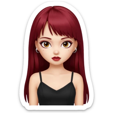 generate a pretty bratz girl in black cami top, dark red straight long hair with bangs, eyeliner on, 

 sticker