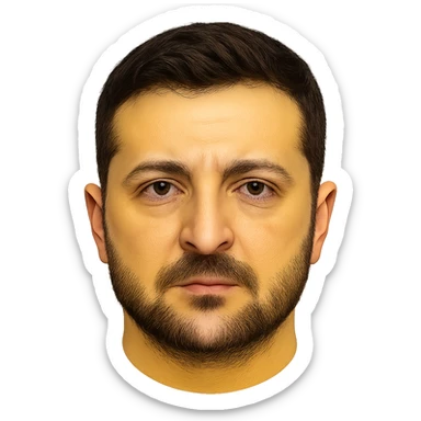 emoji-style portrait of Vladimir Zelensky with a yellow round face, very recognizable and detailed facial features, realistic eyes, hair, and beard, high quality sticker