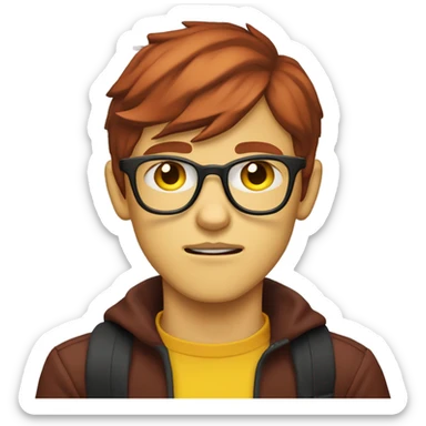 Twink skinny nerdy young man with red hair with neck-length hair brown eyes and Rectangular glasses, black turtleneck and yellow shirt, disapproval emotion, Resentment sticker
