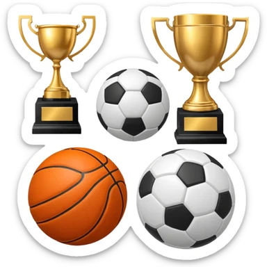 a basketball, soccer ball, volleyball, and a football all mixed with one trophy for a store logo sticker