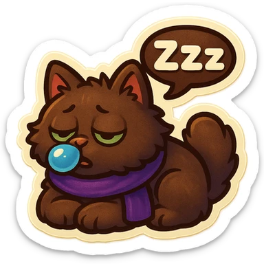 Fluffy cute sleepy dopey tired exhausted dark-brown cat with green eyes and a purple scarf saying ‘zZz’ with a snoring nose bubble (with a speech bubble) sticker