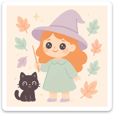 a ginger witch with a black cat familiar, holding a wand, surrounded by autumn leaves, cute and whimsical style sticker