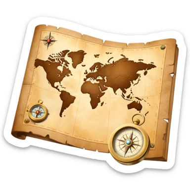 3D Brown golden map with Travel compass pointing to adventure sticker