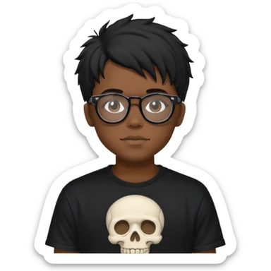 black anime hair guy with skeleton makeup. wearing a stussy tshirt with glasses sticker