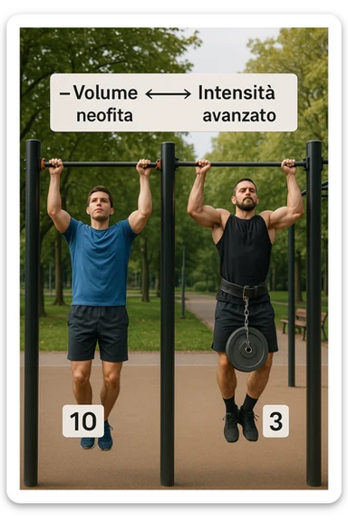 Due atleti fianco a fianco in un parco attrezzato: a sinistra il neofita che fa 10 trazioni leggere con concentrazione, a destra l’atleta avanzato con cintura zavorrata che fa 3 ripetizioni lente e pesanti. Tra loro, grafico sospeso in aria che mostra: 'Volume → neofita | Intensità → avanzato'. Stile realistico con elementi educativi visivi in italiano sticker