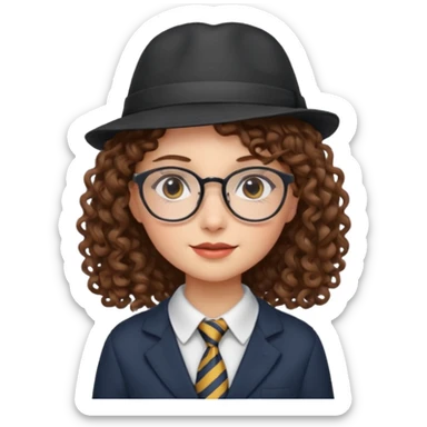 hatted girl with glasses and curly hair wearing tie sticker