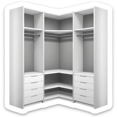 Glossy white PVC corner closet with L-shaped design, fitted into a sharp room corner. Clean, simple shelves and smooth panels with subtle shadows to show depth. Minimalist look with modern vibes, no handles or textures, emoji-style with bright highlights and soft gray edges to define structure. sticker