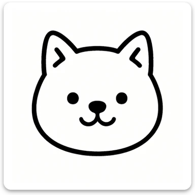 Minimalist kawaii line art of a Shiba Inu dog's head: large, round head, perky triangular ears, very simple face with two dot eyes, tiny round nose, upside-down 'Y' mouth. Thick, bold, clean black lines on white background, symmetrical, calm and sweet expression. No color or shading, just black linework. Slightly hand-drawn but polished, child-friendly. sticker