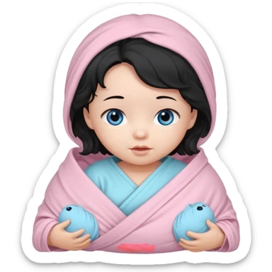 a  female asian newborn baby with black wavy hair and blue eyes wrapped in a light pink swaddle sticker