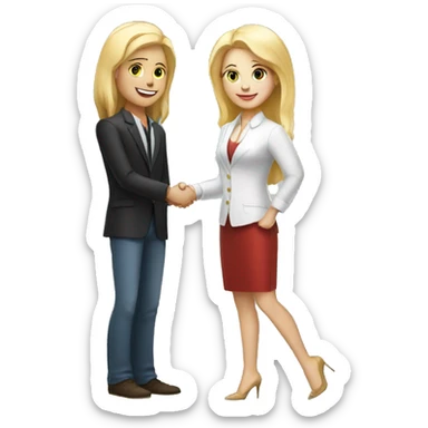 restaurant owner with white skin and blogger with white skin and blonde hair shaking hands in full height sticker
