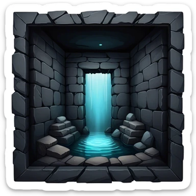 A dark, eerie, and endless well, its depths disappearing into an inky black void, with faint, glowing edges hinting at an unfathomable depth. The surrounding stone walls are worn and ancient, adding to the mysterious and ominous atmosphere sticker