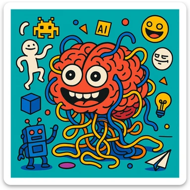 AI brain tangled in spaghetti wires, googly eyes, silly grin, surrounded by dancing memes and random objects, whimsical cartoonish style, humorous AI insanity sticker
