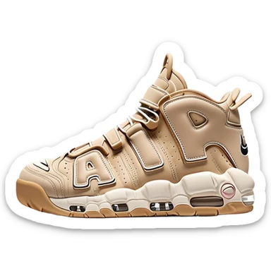 Minimalist beige Nike Air More Uptempo sneakers with one sneaker positioned behind the other, clean simple design with AIR lettering sticker