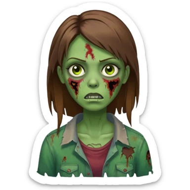 a zombie woman with straight brown medium hair with green skin sticker