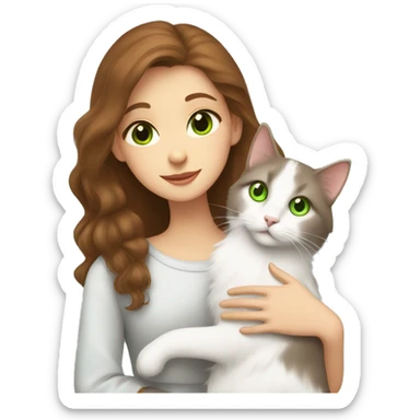 brown-haired girl with gray eyes hugs a Turkish Angora cat with green eyes sticker