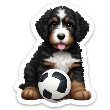 Black bernedoodle puppy with brown legs with volleyball under front paw  sticker