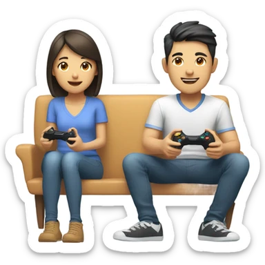 Cute Asian Couple sitting together and having fun playing video games sticker