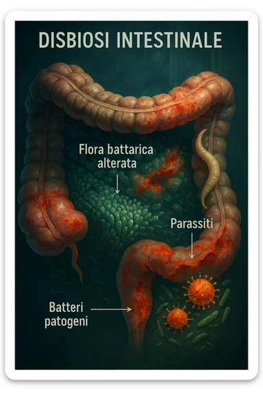 Illustrazione verticale, realistica e cinematografica in italiano che rappresenta la disbiosi intestinale: mostra un intestino umano con flora batterica alterata, presenza di parassiti e batteri patogeni, e segnali visivi di squilibrio. Atmosfera clinica, luci drammatiche, colori verde-blu e accenti giallo-arancio caldo, profondità naturale. Didascalie in italiano. 2:3. sticker
