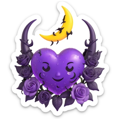 3D emoji gothic heart, purple glass, crescent moon, black roses, devil horns, shimmering stardust, lightning bolt effect, rain-soaked look, cracked glass texture sticker