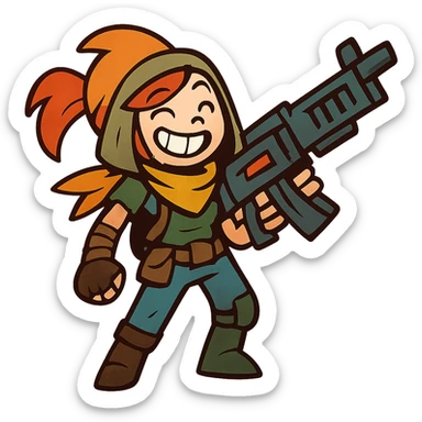 funny, positive stalker girl with a huge machine gun, smiling and energetic sticker