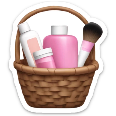 little brown basket with pink and white beauty products inside like shampoos and make up sticker