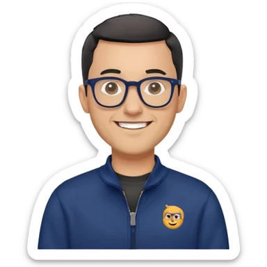 Light-skinned man with very short black hair (shorter buzz cut), short graying beard, big black glasses frames, happy smile, navy blue zip-up sweatshirt with long sleeves sticker