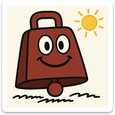 Add a handle to the maroon cowbell in playful cartoon style with bold lines, keep the background as is. sticker