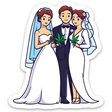 Bride in white dress and groom in tuxedo sharing a cannabis joint, cheerful cartoon wedding couple sticker