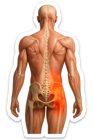 CORPO UMANO ANATOMICO REALISTICO DI SPALLE CON DOLORE ALLA LOMBARE INFIAMMATA, DOLORE ALL'ANCA, IPERREALISTICO 4K sticker