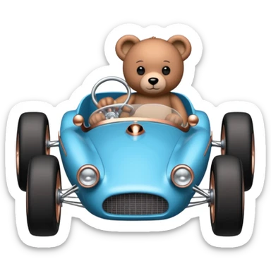 dar crystal blue and rosegold-accented  retro racing car driven by a small evil scary teddy bear with rear spoiler, roll cage, and wheely bar sticker