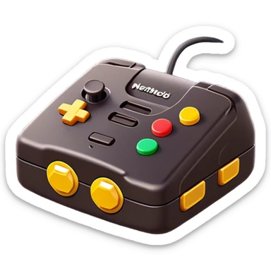 Clash of Clans aesthetic: Cinematic Playful Nintendo 64 Console Portrait Emoji, rendered in a 3D vector-style similar to standard emojis with minimal shading and bold, simplified shapes. A compact, distinct form with signature details, softly glowing with a nostalgic gaming charm. Simplified yet unmistakably iconic, highly detailed and consistent, glowing with a soft radiance and high shine. Stylized with a touch of retro gaming magic and a soft glowing outline, capturing the essence of a beloved gaming relic with a friendly, playful manner! sticker