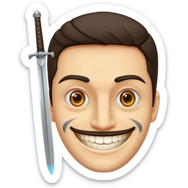 Haz que tenga una sonrisa epica una cicatriz en el ojo serrado y una espada entre los dientes y dos más a cada lado. sticker