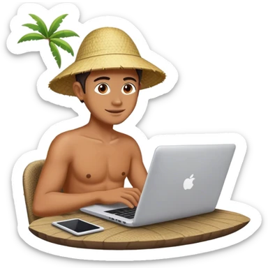 A digital nomad in Bali working on a laptop sticker
