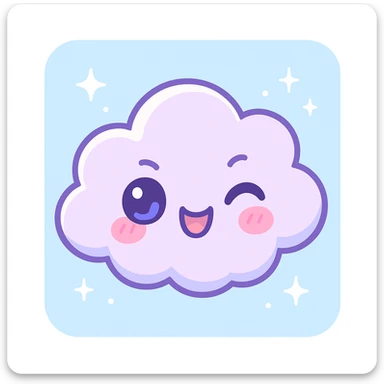 chibi-style kawaii cloud character, smiling face, pastel colors, giggling, mischievous eyes, soft lighting, floating in a blue sky with sparkles and stars, cartoon-style, clean background, digital art, 4k resolution sticker